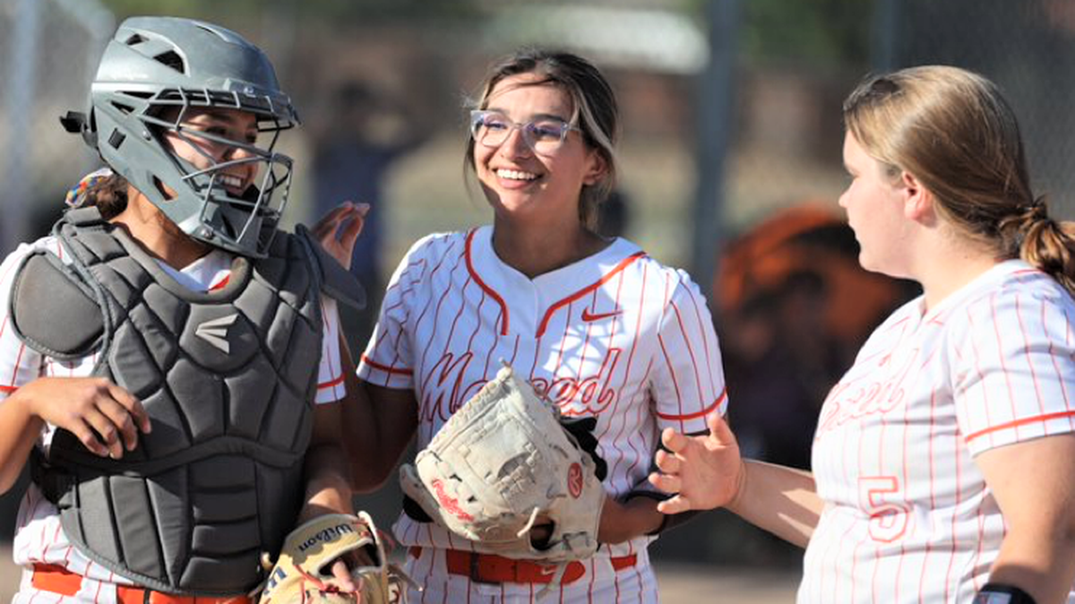 Merced High senior Melody Gomez (center) struck out 11 hitters in relief to pick up the win in the Bears’ 7-1 playoff win over Ceres on Tuesday, May 17, 2022 at Merced High School.