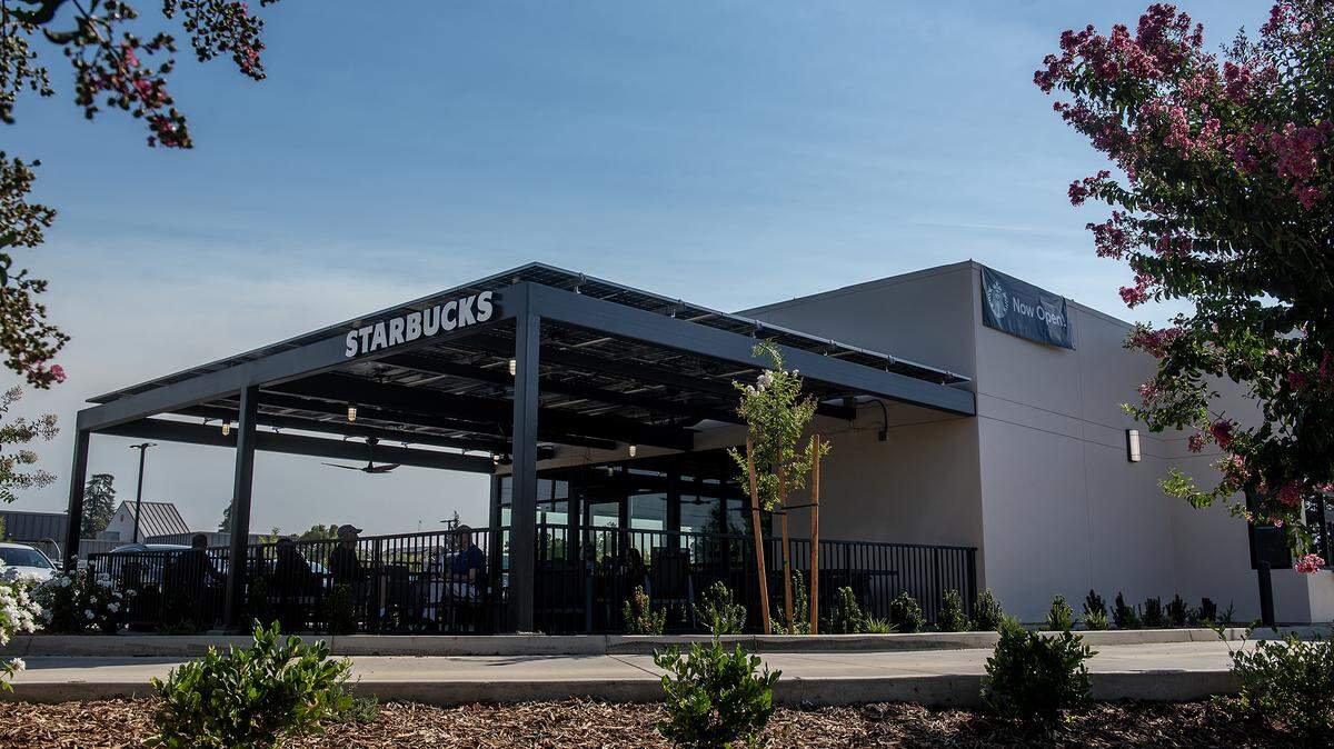 Starbucks, located at 5 E. 23rd St. in Merced, Calif., on Wednesday, Sept. 3, 2025. The new location features a large dining area, a drive thru and a covered patio. 