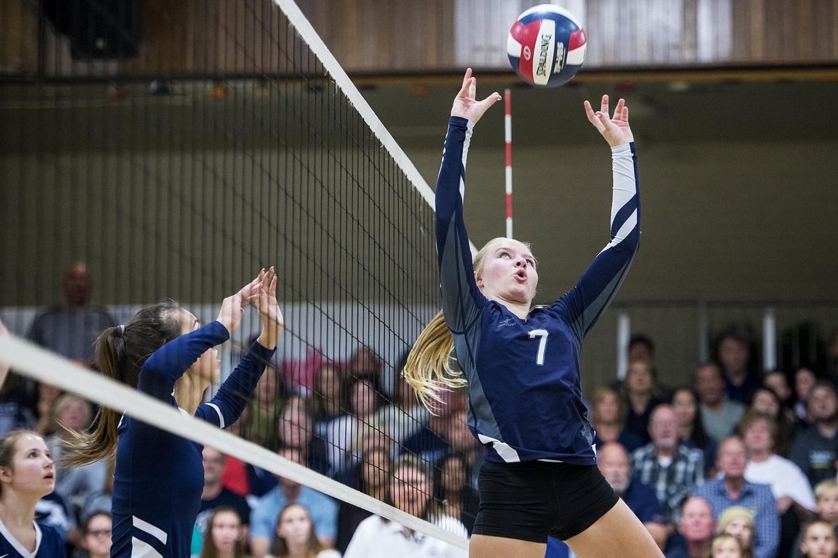 Stone Ridge Christian sophomore Sydney Shaw (7) jumps to set the ball during a match against Forest Lake Christian  in the CIF NorCal Division VI Regional Championship at First Baptists Merced in Merced, Calif., on Tuesday, Nov. 13, 2018. The Knights beat the Falcons 3-0.