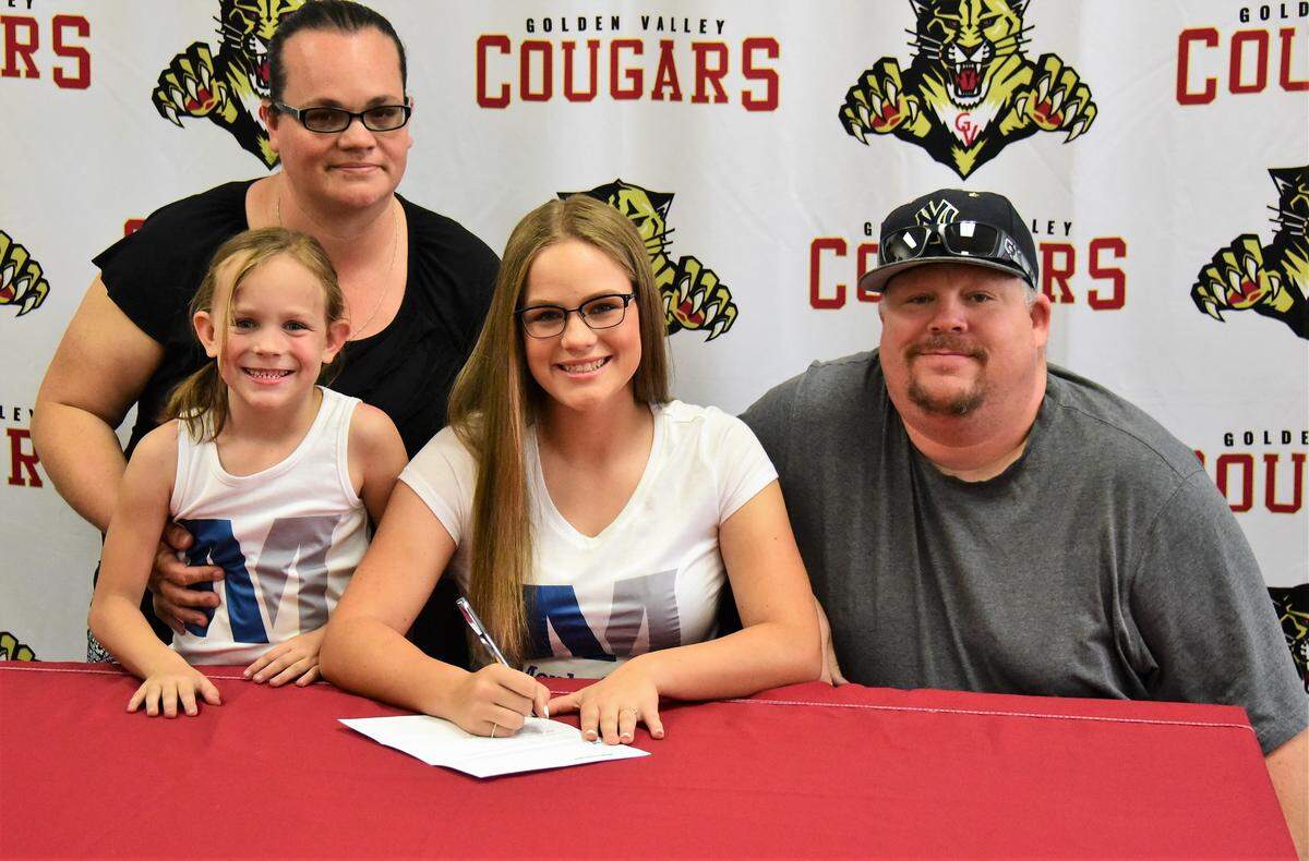 Golden Valley senior Michaela Key poses for photos with her family from left to right: mother Salene, sister Grace and father Richard. Key signed her national letter of intent to play golf at Menlo College on Friday, May 31, 2019 at Golden Valley High School. 