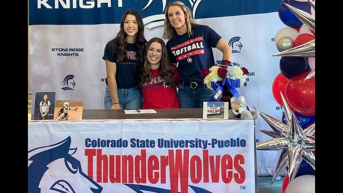 Stone Ridge Christian senior Cailtyn Cole celebrated signing her national letter of intent to play softball at Colorado State University-Pueblo on Wednesday. Cole posed for a photo with her mother Cathy (right) and sister Cali during a ceremony held at Stone Ridge Christian High School on Wednesday, Feb. 2, 2022.