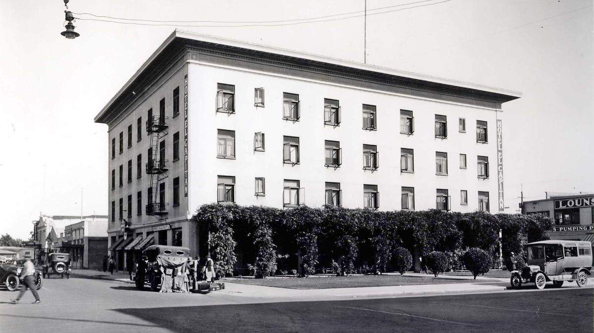 The El Capitan Hotel on M and Main Streets was built in 1912. This picture taken circa 1922 shows the arrival or departure of the hotel guests.