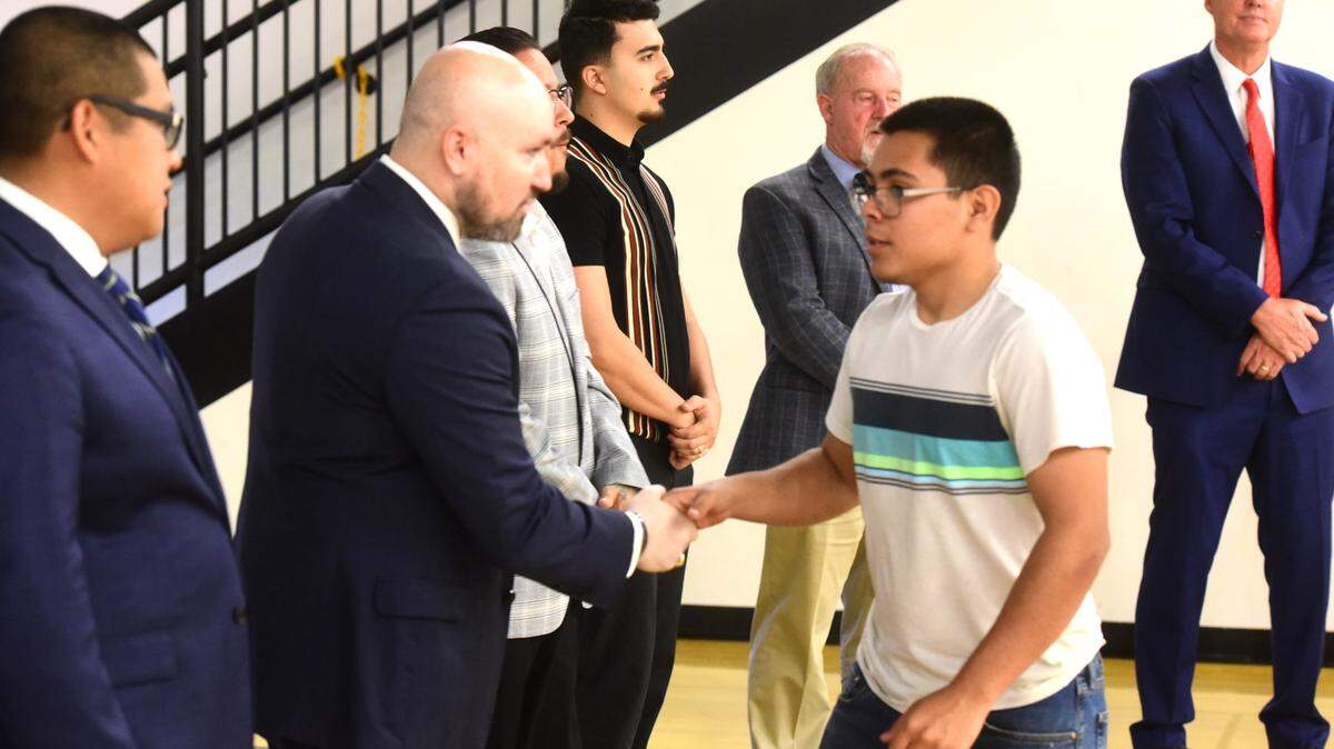 Buhach Colony High senior David Sanchez (right) was one of the 50 Merced Union High School students who are enlisted into the military who were honored during a luncheon on Tuesday, May 21, 2024 at Merced High School. Sanchez is set to enlist in the Marines.
