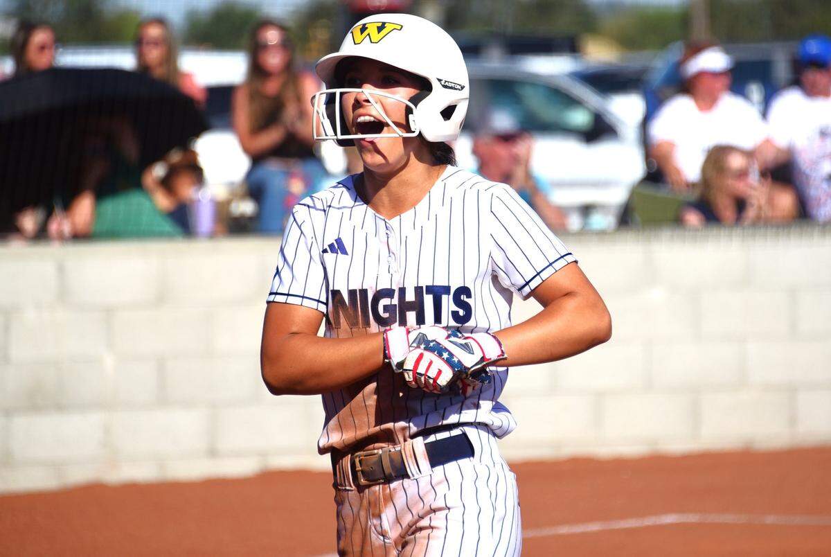 Stone Ridge Christian High senior Cali Cole celebrates after scoring a run during the Knights’ 2-0 semifinal win over Argoanaut on Thursday, May 16, 2024.