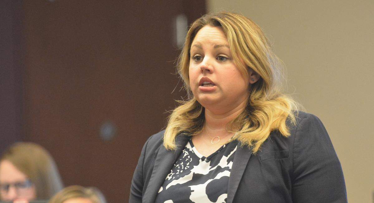 Merced County Deputy District Attorney Katie Gates as a lead prosecutor gives her closing statements to the jury in the murder trial against Michael Mirabal on Friday, Aug. 23, 2019, in Merced Superior Court.