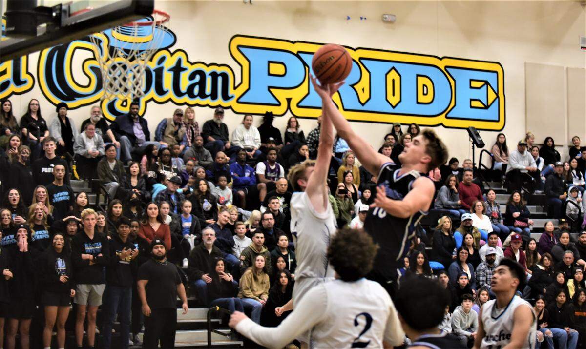 Atwater High senior Tyler Parr (10) goes up for a shot during a game against El Capitan on Friday, Jan. 13, 2023.
