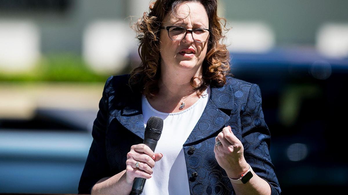 Merced County District Attorney Kimberly Lewis speaks during the annual Victim’s Rights ceremony at Courthouse Park in Merced, Calif., on Tuesday, April 9, 2019.