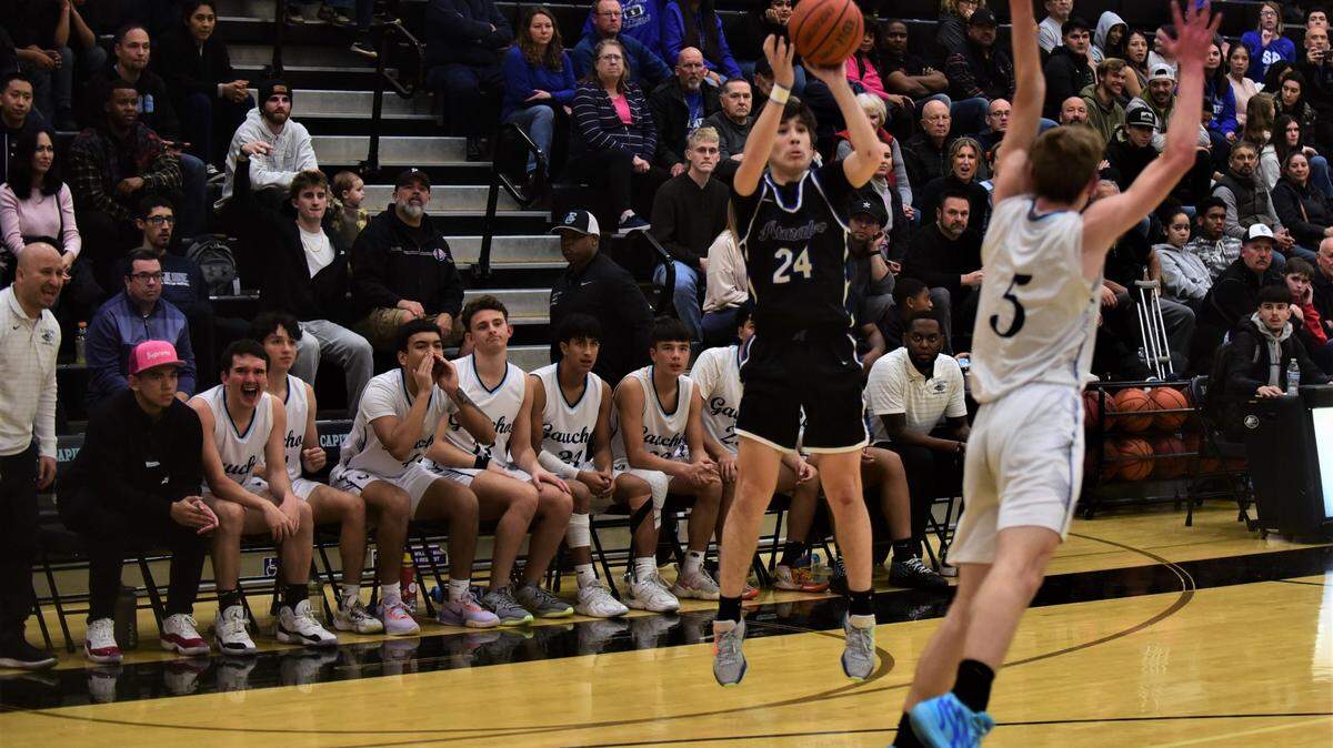 Atwater High senior Jayden Hillyer (24) makes one of his five 3-pointers during a game against El Capitan on Friday, Jan. 13, 2023 at El Capitan High School.
