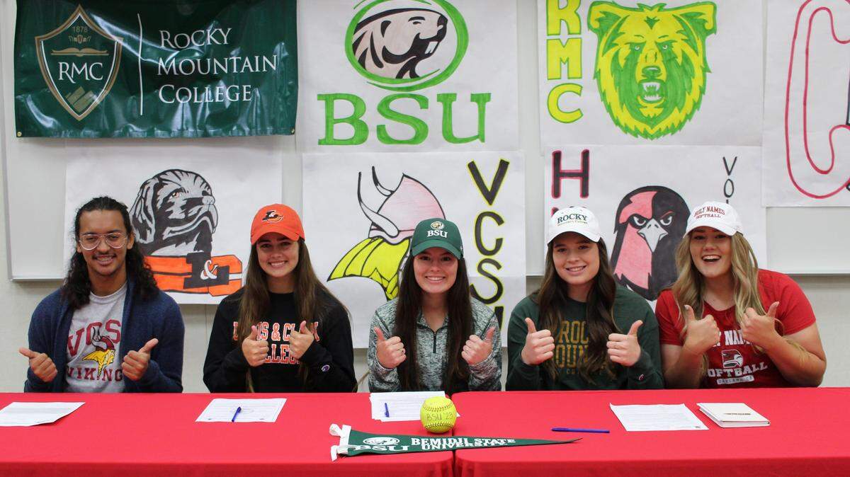 Chowchilla High celebrated five Tribe athletes signing letters of intent with four-year schools. From left to right Isaac Salazar (track), Kylie Hill (softball), Morgan Sewell (softball), Claire Wright (golf) and Kelsey Volkmar (softball).