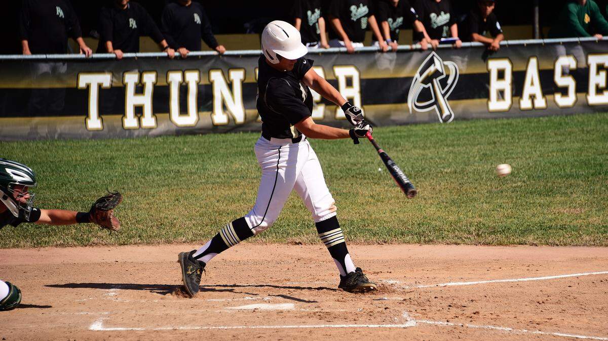 Buhach Colony sophomore Jake Sapien, shown here in a playoff game earlier this season, knocked in the winning run during the Thunder’s 6-4 win over Oakdale on Thursday night.