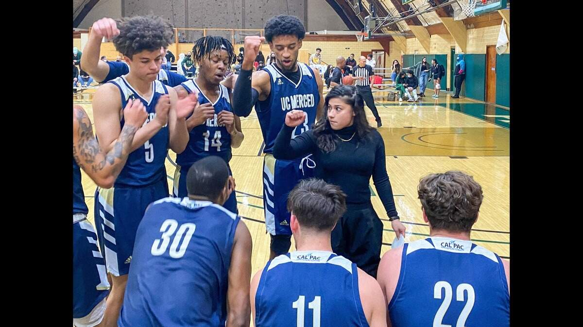 UC Merced assistant coach Moses Oceguera became just the fourth woman to serve as an acting head coach of a collegiate men’s team when she coached the Bobcats on Saturday, Feb. 5, 2022.