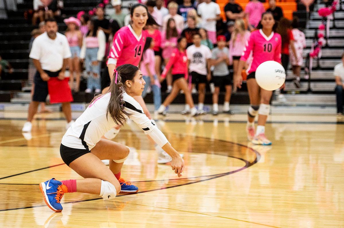 Merced junior Nia Vasquez (18) hits the ball during a match against El Capitan at Merced High School in Merced, Calif., on Wednesday, Oct. 4, 2023. The Gauchos swept the Bears 3-0.