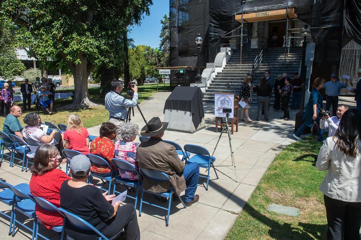 Local dignitaries and members of the public gather during a rededication ceremony for the historic Merced County Courthouse in Merced, Calif., on Monday, May 5, 2025. The ceremony was held 150 years to the day from when the courthouse was originally dedicated in 1875.