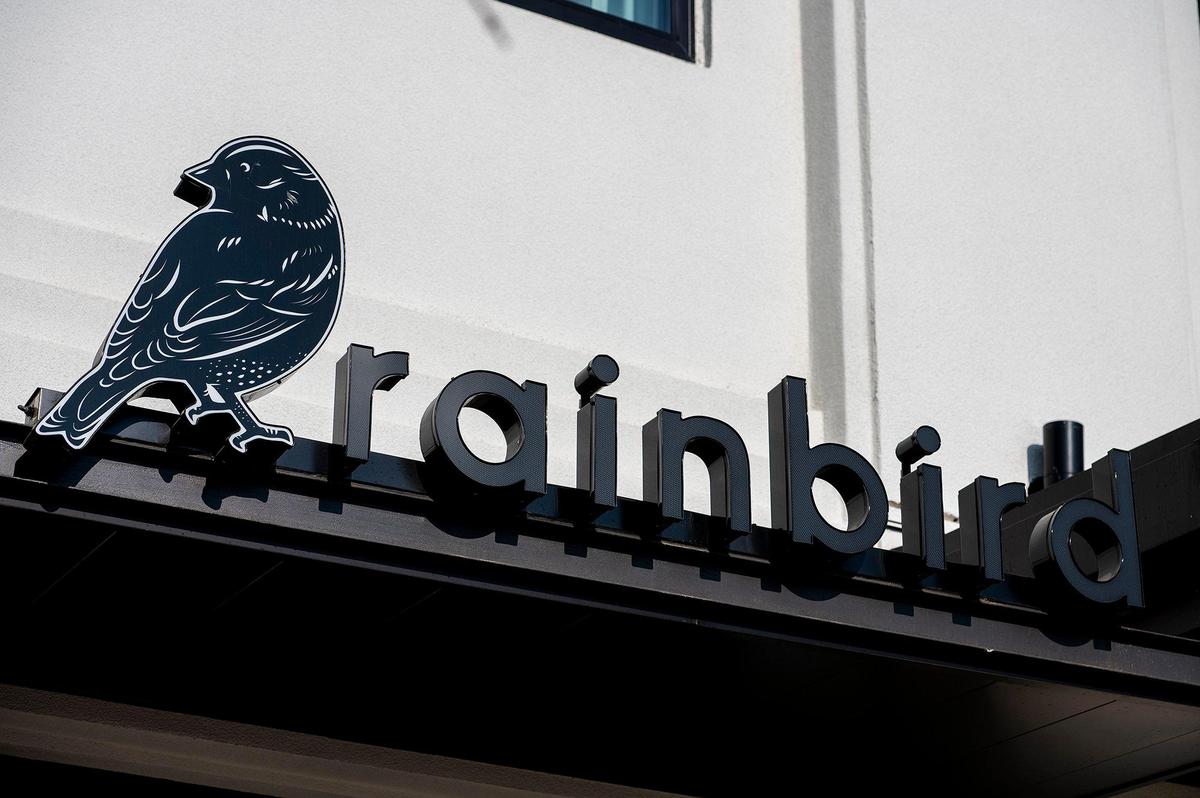 A sign hangs above an entrance to the Rainbird restaurant located at 609 W. Main Street in Merced, Calif., on Thursday, Jan. 20, 2022.