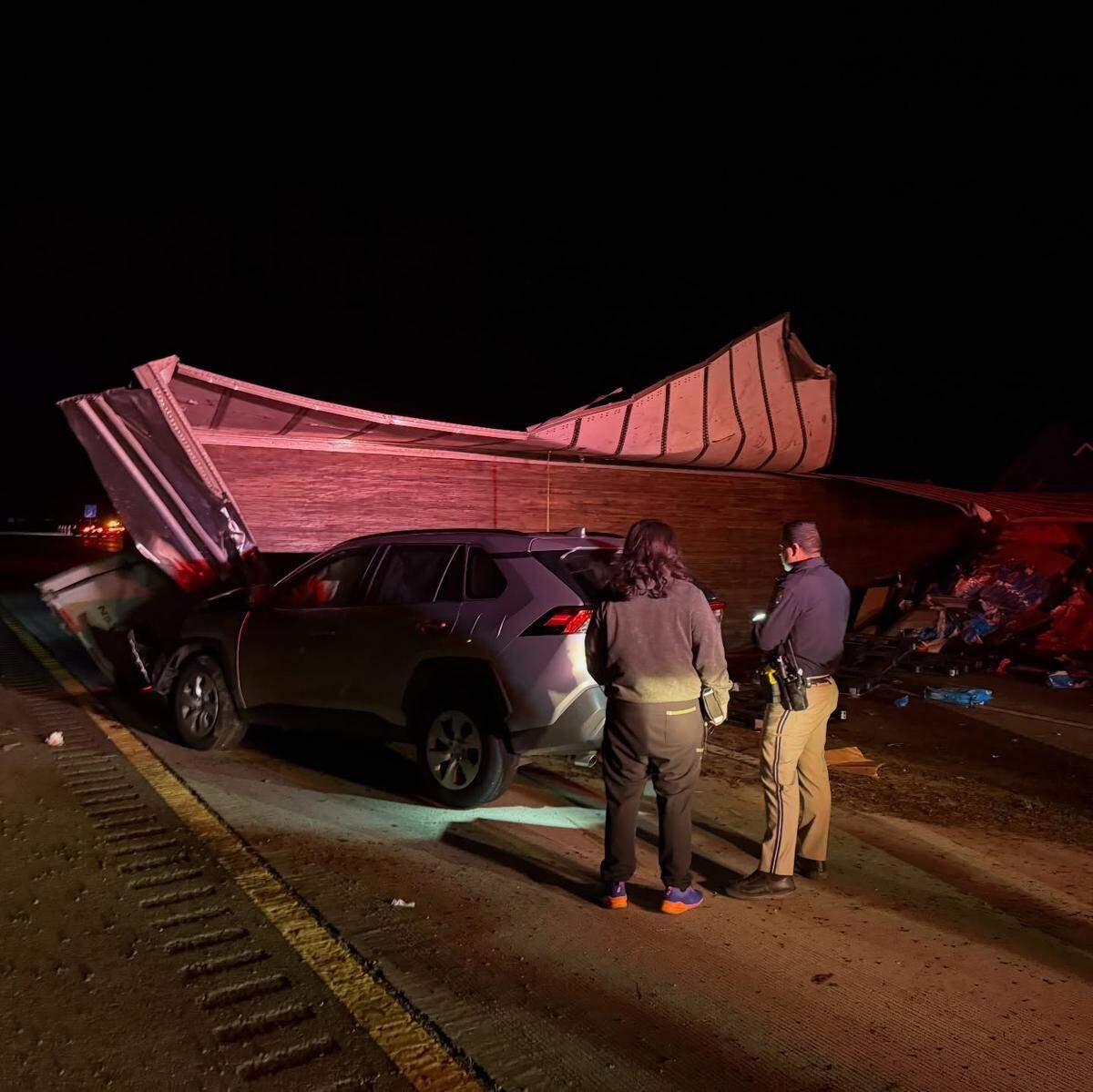 An overturned big rig closed southbound Highway 99 at Le Grand Road for a time early Monday morning, causing major traffic delays.