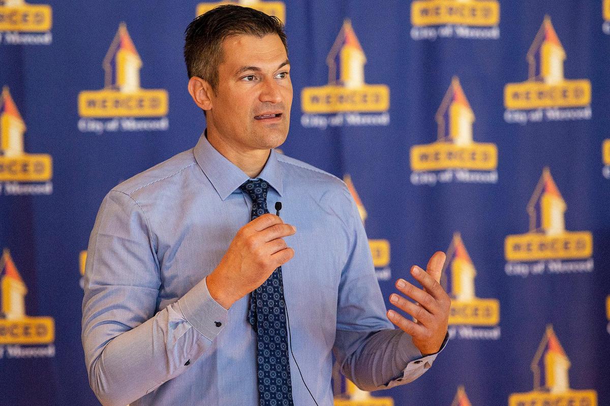 Merced Mayor Matthew Serratto speaks during a news conference on Monday, June 28, 2021.