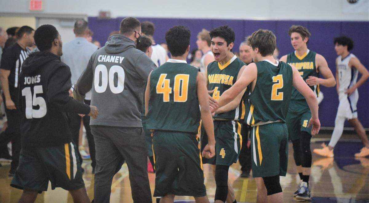 Mariposa High senior Lance Dondero (4) is fired up during the first quarter against Denair on Wednesday, Feb. 23, 2022 at Denair High School.