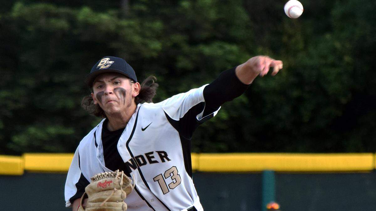 Buhach Colony junior pitcher Antonio Cortez throws a strike in the Thunder’s CIF Sac-Joaquin Section Division III playoff game against Oakdale at Klein Family Field in Stockton, California on May, 20, 2019 in Stockton, Calif.