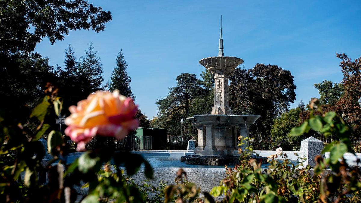 The historic Laura Fountain located in Applegate Park, near the intersection of M Street and West 26th Street in Merced, Calif., on Wednesday, Nov. 13, 2024. The marble fountain built in 1888 by Merced Founder Charles Henry Huffman and named for his third wife Laura Kirkland Huffman, was originally located next to the El Capitan Hotel. The fountain was moved to its current location in 1935. A restoration project was recently completed after the fountain had fallen into disrepair.