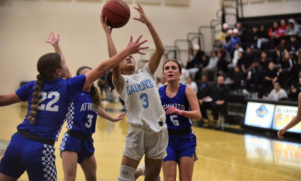 El Capitan High senior Mya Farr (3) goes up for a shot against Atwater during a game on Thursday, Jan. 12, 2023.