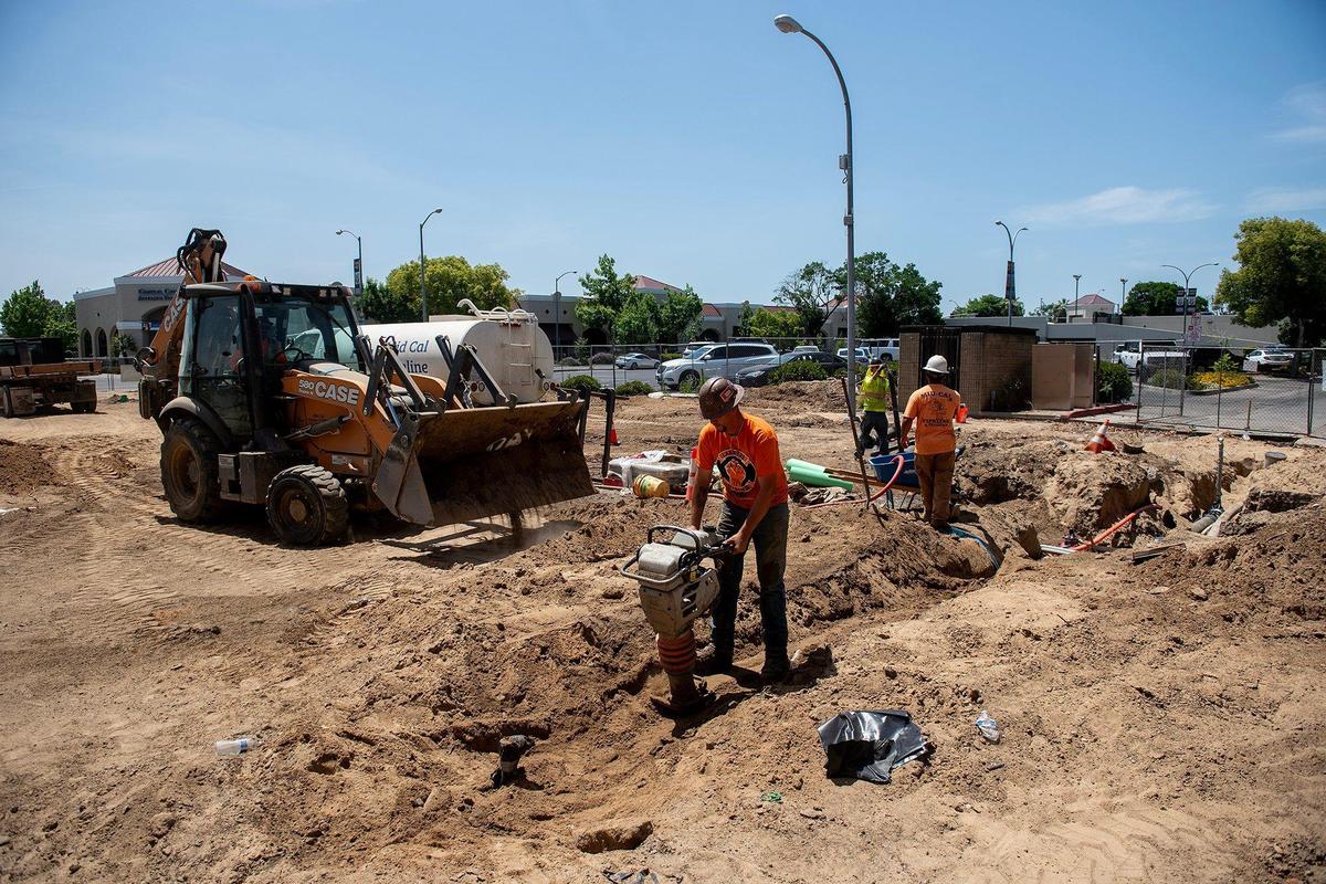 Construction continues at Bob Hart Square in Merced, Calif., on Friday, May 16, 2025. According to the City of Merced, the renovation to the square will include an extended plaza-like design, the addition of trees, a seating area and a stage.
