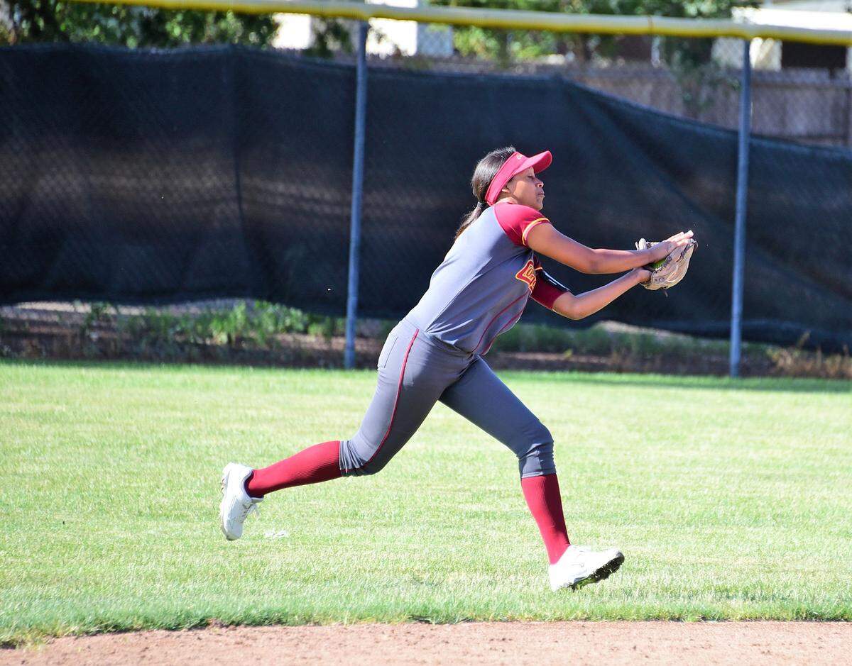 Golden Valley center fielder Naomi Moore makes a running catch during the Cougars’ 3-2 win over Del Campo in the playoffs on Tuesday, May 21, 2019.