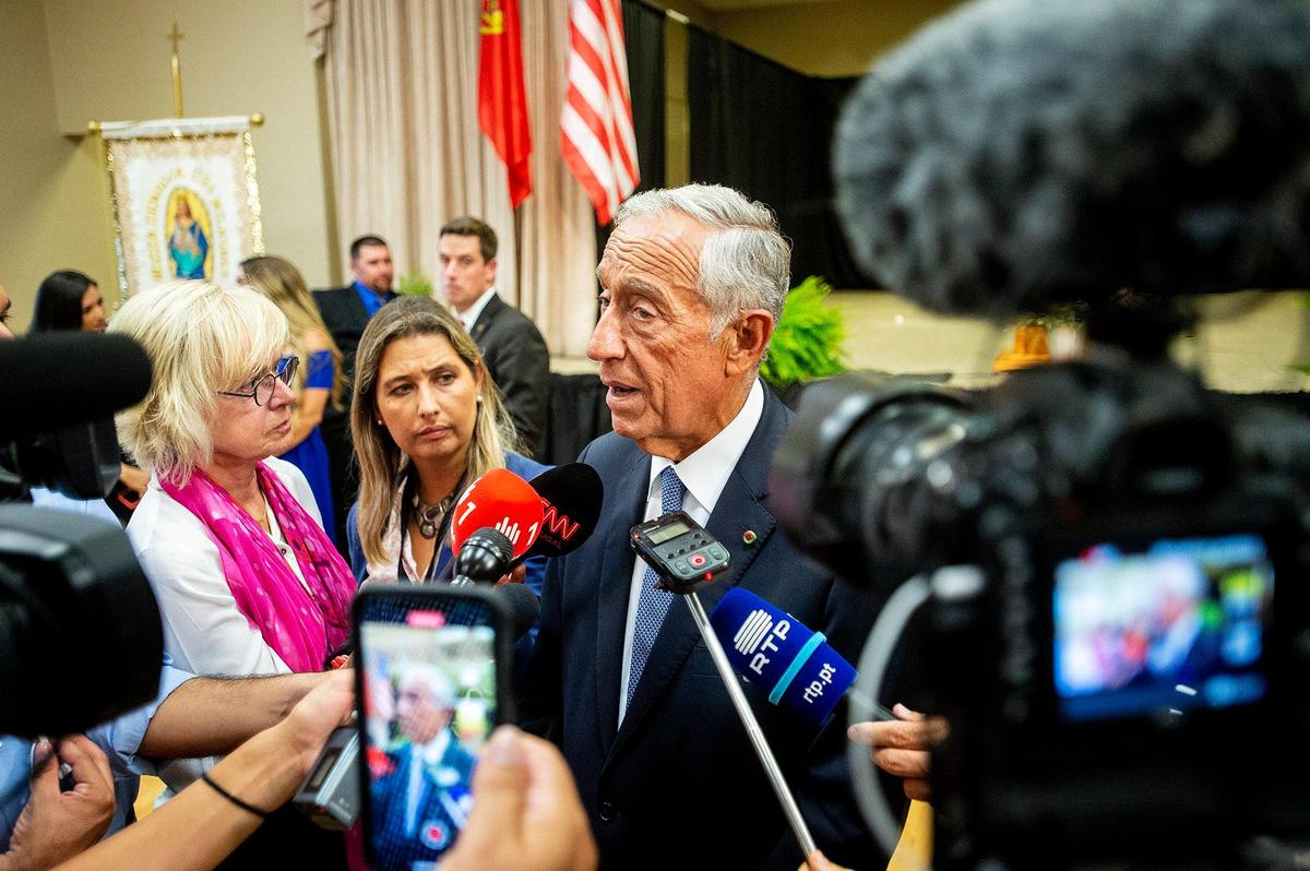 Portugal President Marcelo Rebelo de Sousa speaks with members of the media during his visit to Gustine, Calif., on Sunday, Sept. 25, 2022.