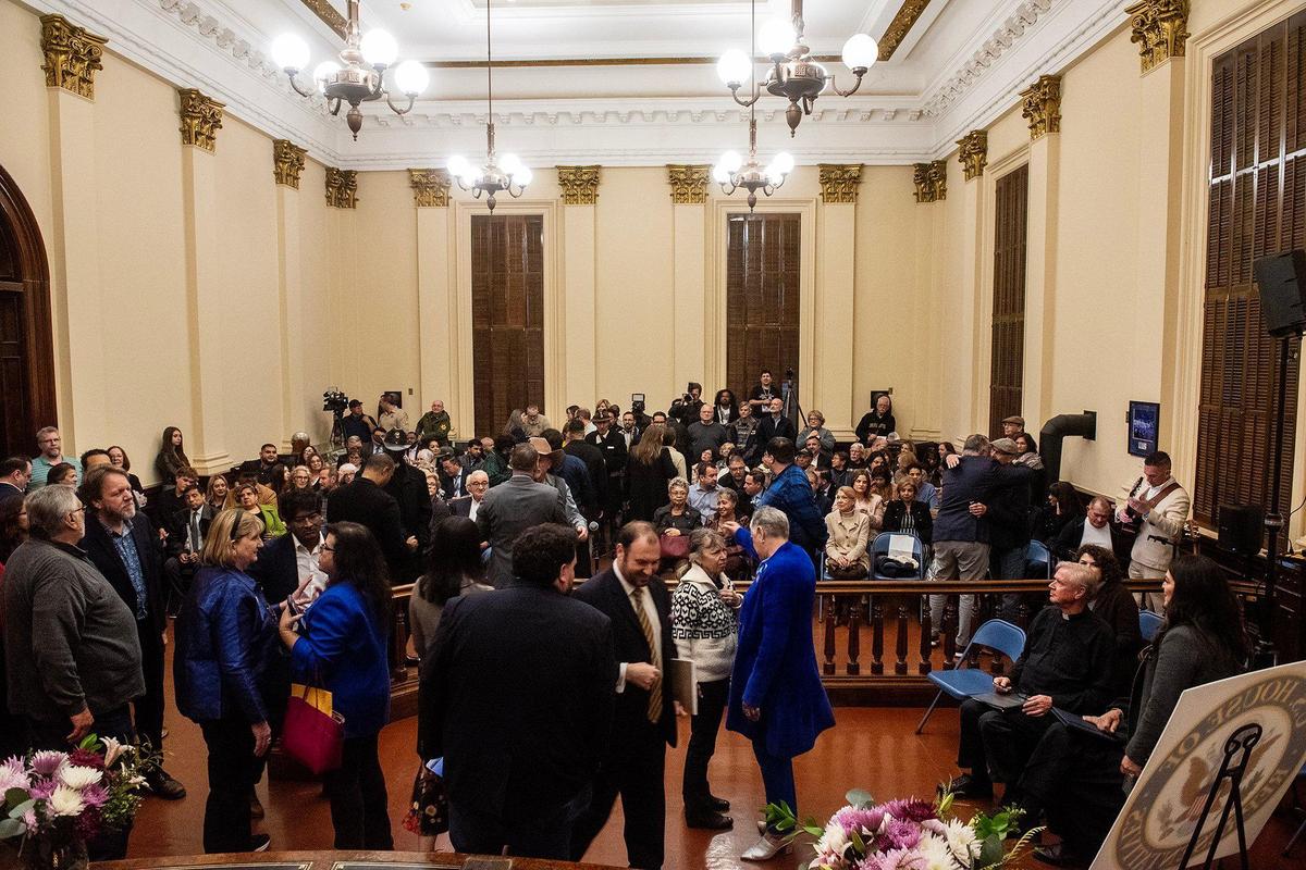 Community members and elected officials fill the courtroom in the historic Merced County Courthouse Museum for a ceremonial swearing-in of United States Representative Adam Gray in Merced, Calif., on Thursday, Jan. 30, 2025. Gray was officially sworn in as a member of the 119th Congress on Jan. 3, 2025.