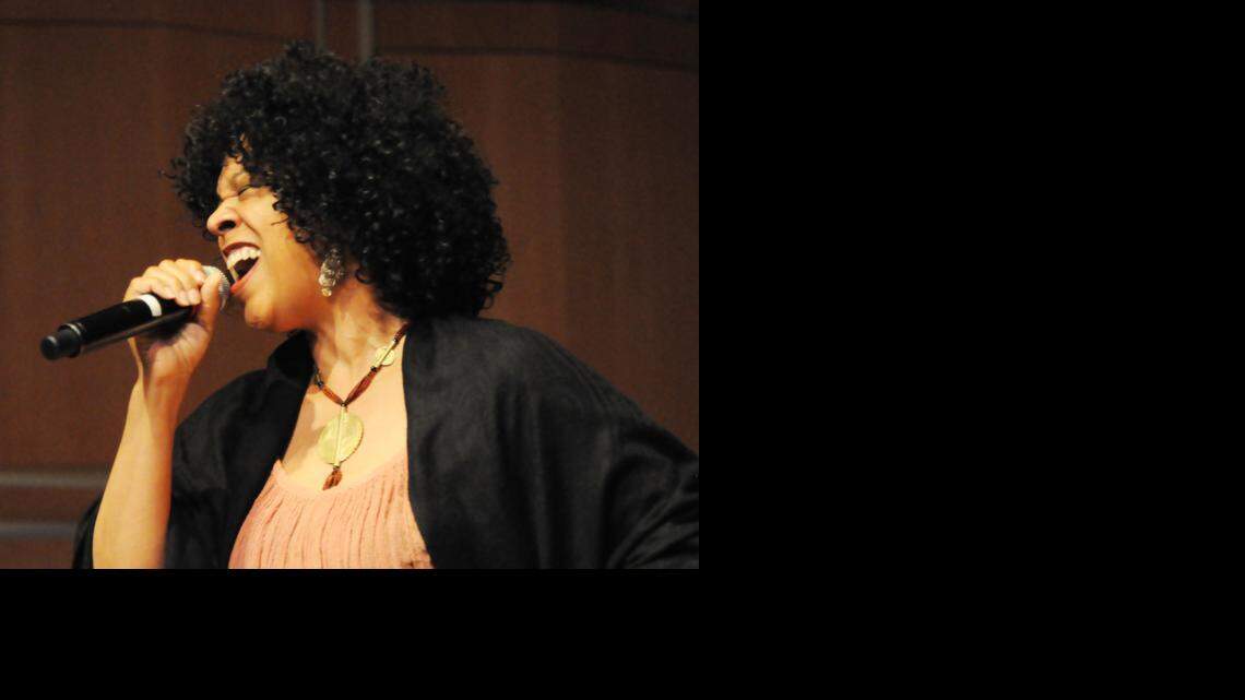 Merced vocalist Cheryl Lockett is shown performing Donny Hathaway’s “Someday We’ll All Be Free” during theater night at UC Merced’s Black Arts Movement Conference. 
