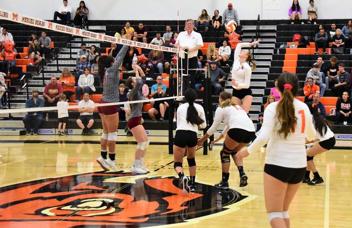 Merced High’s Kendall Parker hits the ball in a match against Golden Valley on Wednesday, Oct. 23, 2019 at Merced High School.