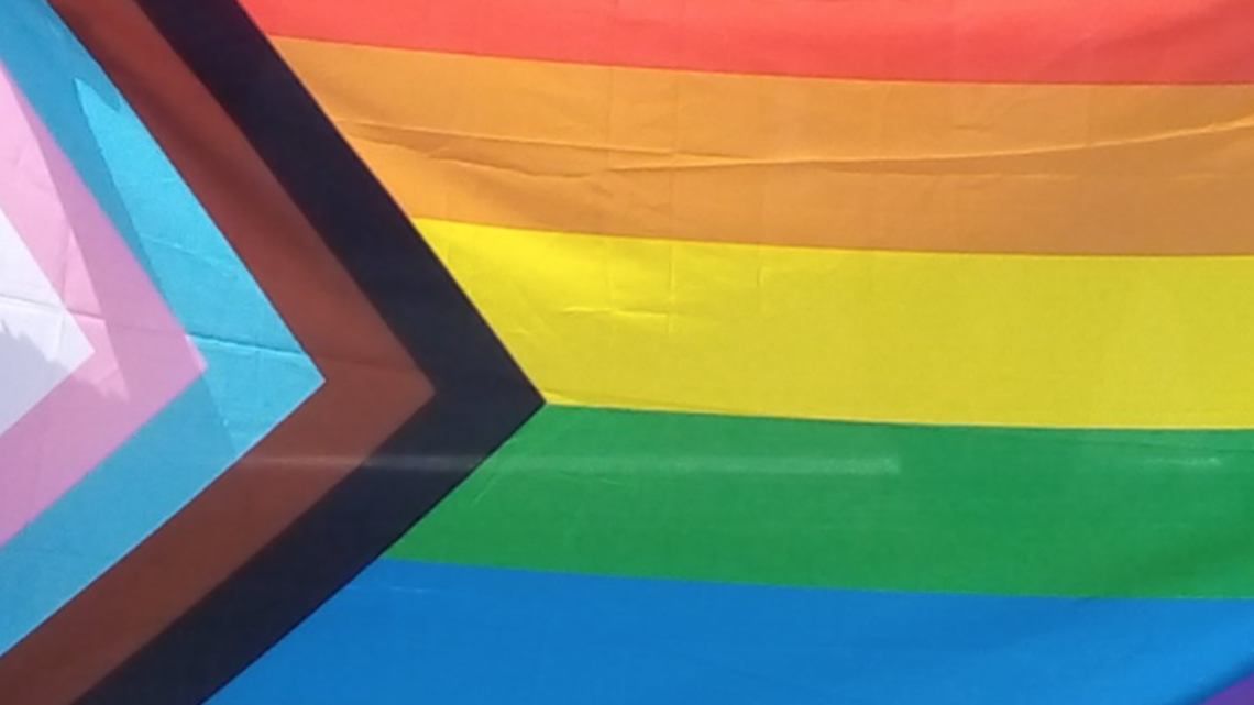 The pride progress flag features traditional LGBTQ+ rainbow colors along with a forward-facing arrow of transgender pride colors and black and brown stripes to represent people of color. The modified pride flag is intended to better represent marginalized members of the LGBTQ+ community and advocate toward progress.