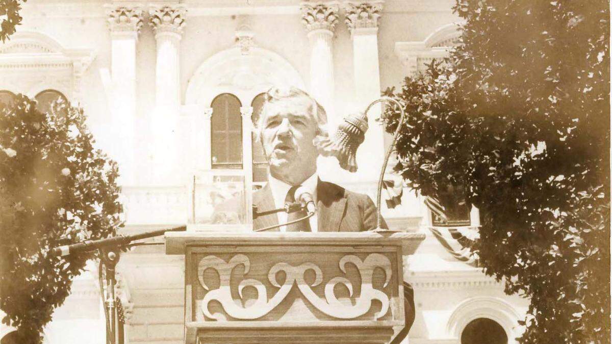 Merced County Superior Court Judge Donald R. Fretz spoke at the dedication ceremonies of the Courthouse Museum on June 12, 1983.