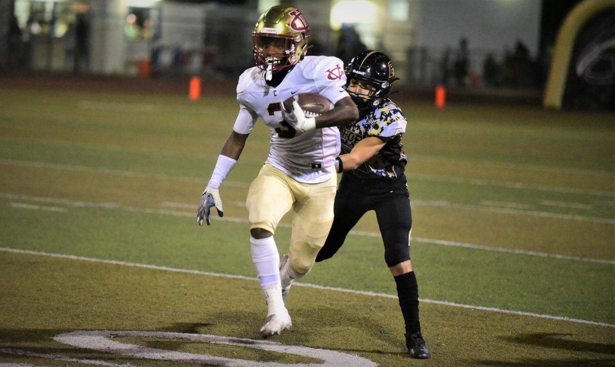Golden Valley High School receiver Jonah White runs the ball up field against Buhach Colony on Friday, Sept. 16, 2022 at Dave Honey Stadium in Atwater, Calif.