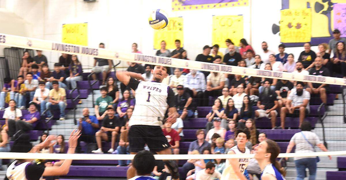 Livingston High junior Navjot Sekhon leaps high to slam home a point during the Wolves’ 3-1 victory over Oakland High in the Northern California Division IV boys volleyball final on Saturday, May 24, 2025 at Livingston High School.
