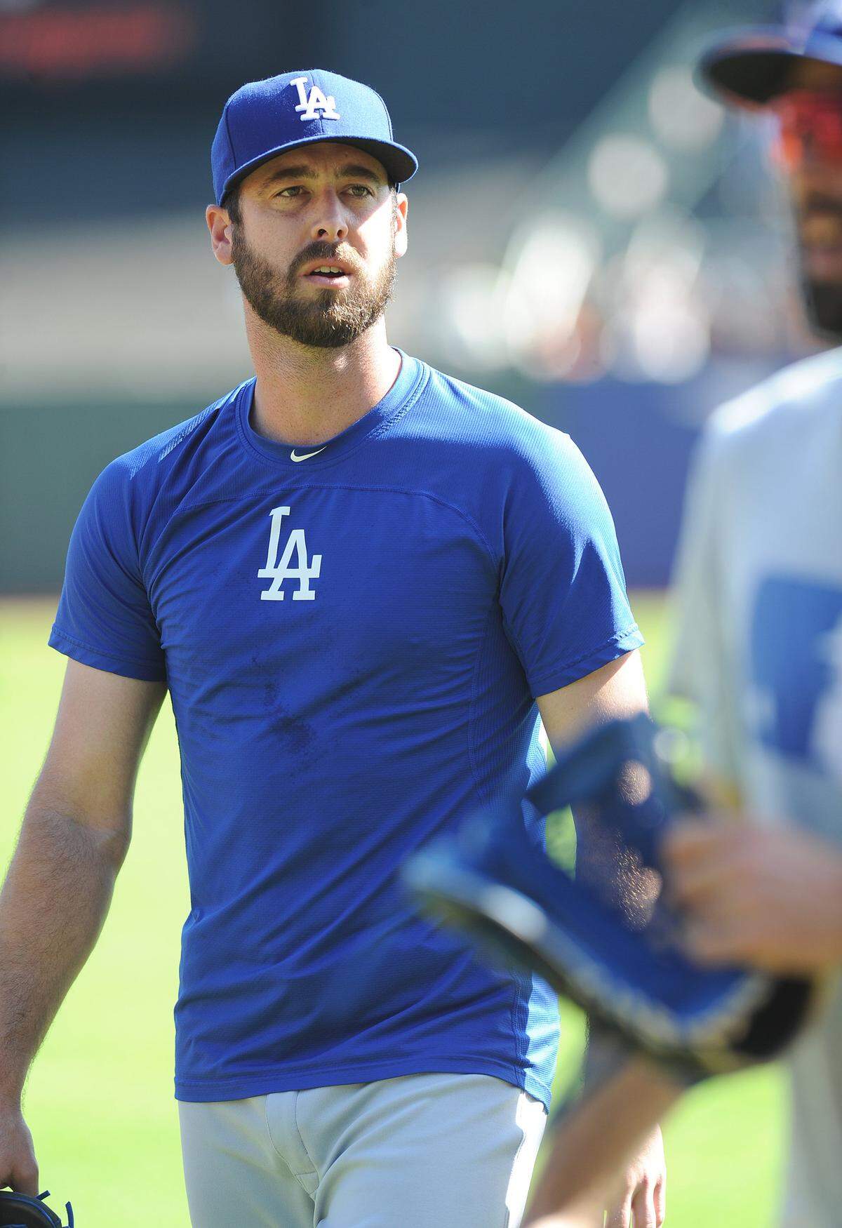 Former Buhach Colony star Dylan Floro has pitched well for the Los Angeles Dodgers. Floro here is pictured before a game against the San Francisco Giants at AT&T Park earlier this season in San Francisco.