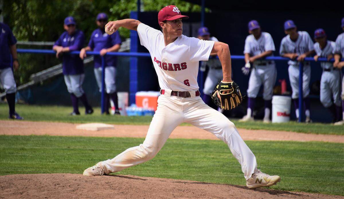 Golden Valley High sophomore Koen Heupel delivers a pitch during the seventh inning of an 8-7 win over Livingston on Monday, April 18, 2022 at Memorial Ballpark in Atwater, Calif.