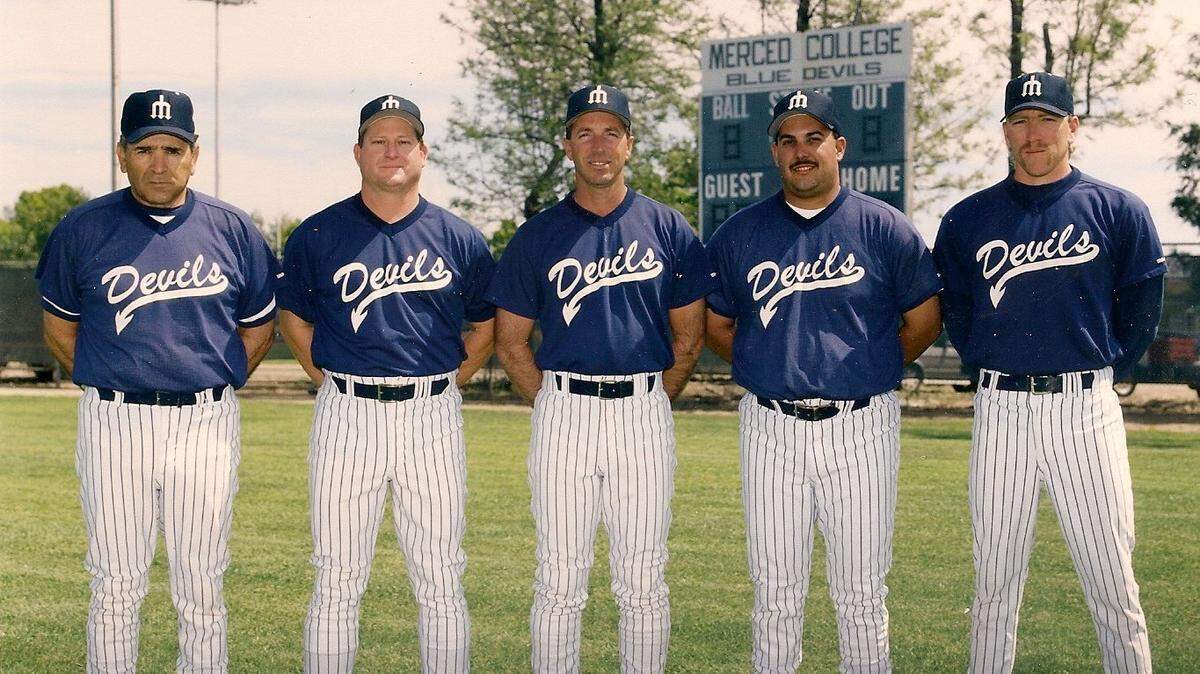 Former longtime Merced College assistant coach John Lema (left) died on Tuesday. Lema is joined in the photo from left to right by Glenn Nobbe, Chris Pedretti, David Cardoza and Derek Peterson.