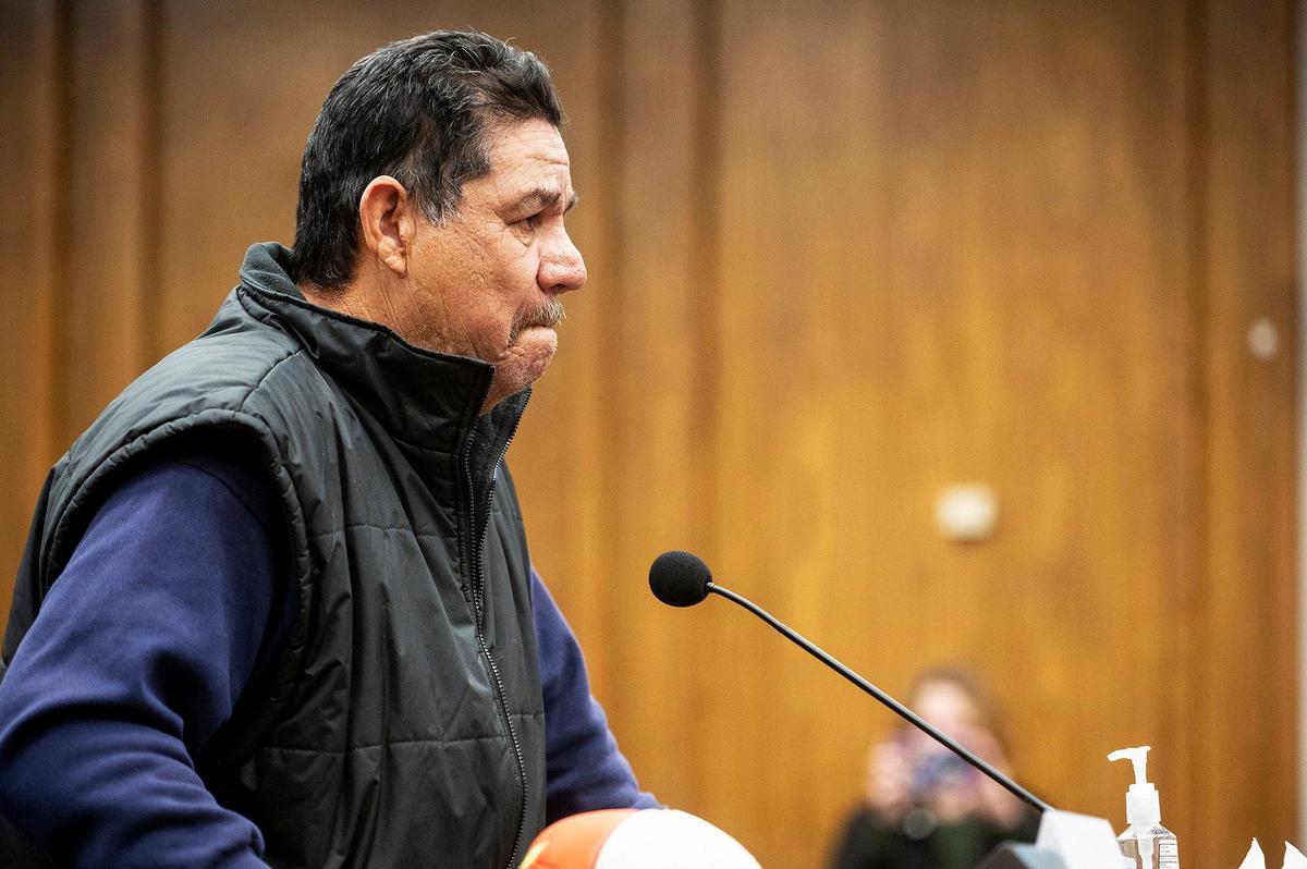 Antonio Saldana, 68, of Planada, speaks to board members during the Merced County Board of Supervisors meeting in Merced, Calif., on Tuesday, Feb. 28, 2023. Planada residents and community advocates who attended the meeting said the county isn’t doing enough to help the community of Planada following devastating flooding which damaged homes and forced thousands to evacuate.