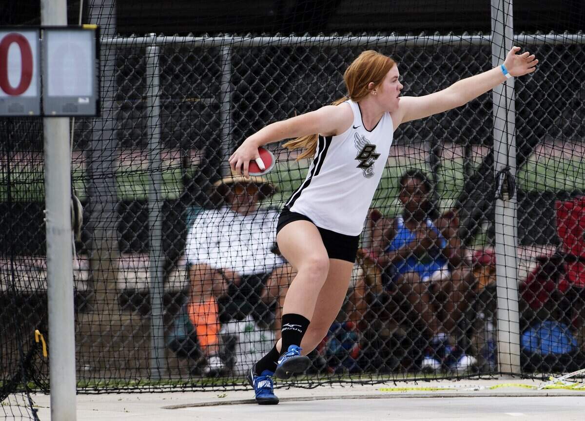 Buhach Colony’s Morgan Johnson competes in the discus throw during the Sac-Joaquin Section Track and Field Championships in Elk Grove, Calif., on Friday, May 26, 2017. Johnson signed her national letter of intent to accept a track scholarship to Fresno State.