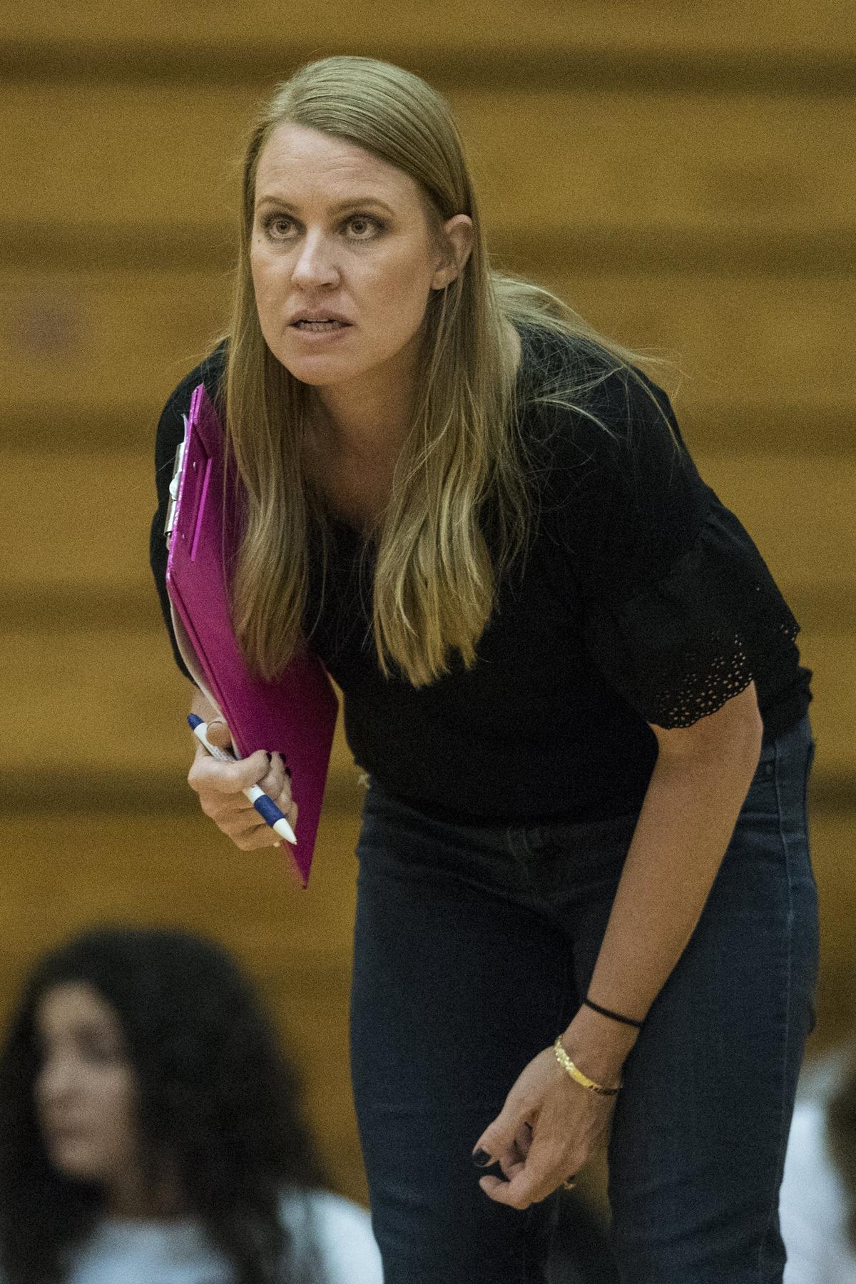 Buhach Colony head coach Adrienne Beltrami looks on during a match against Golden Valley at Golden Valley High School in Merced, Calif., on Wednesday, Sept. 5, 2018. The Thunder beat the Cougars 3-0.