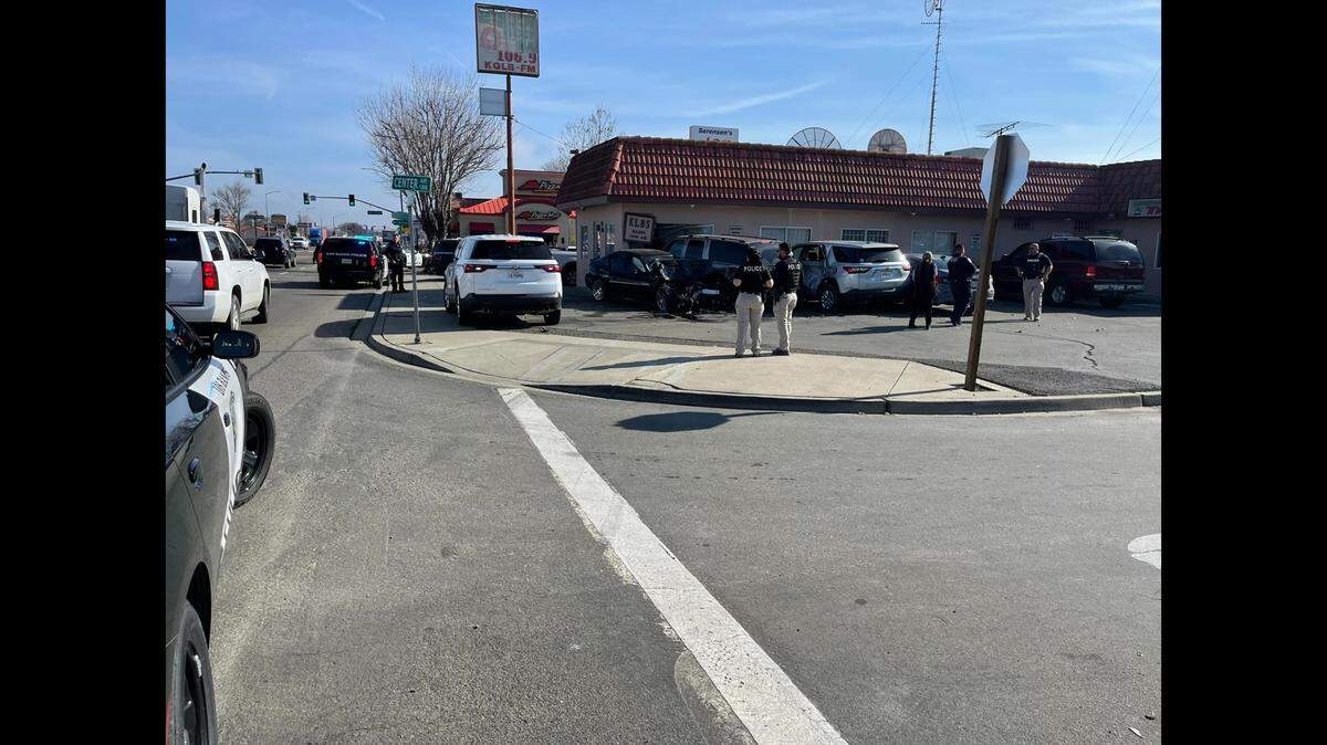 Los Banos Police are investigating a collision involving a stolen vehicle that crashed into a parked vehicle and a building in the area of Pacheco Boulevard and Center Avenue on Wednesday, according to authorities. The driver of the vehicle has been arrested. Image courtesy of Los Banos Police Department.