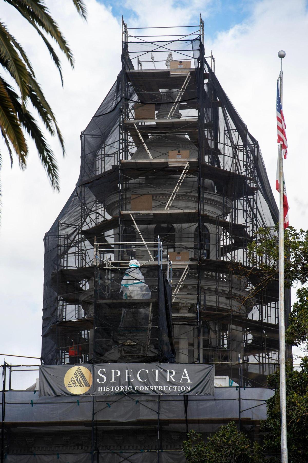 Scaffolding surrounds the Merced County Courthouse Museum as work is underway on a multi-million dollar project to restore portions of the building’s deteriorating exterior in Merced, Calif., on Thursday, March 6, 2025.