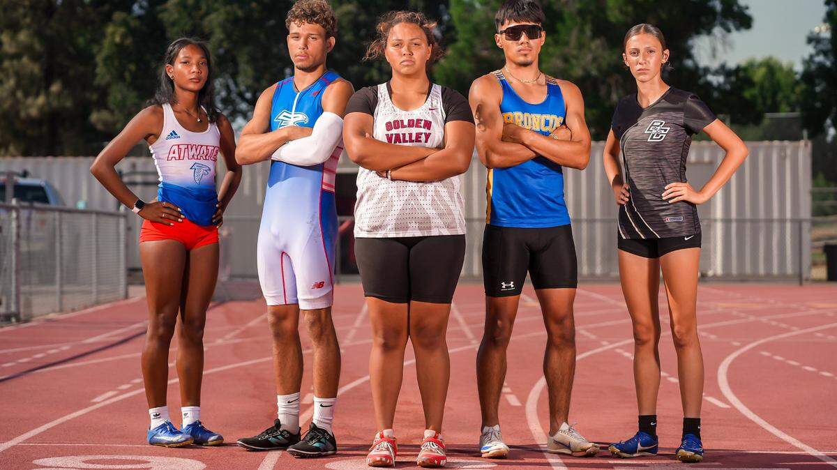 Merced County will be represented at the CIF Track and Field Championships by (from left to right) Jordin McDowell (Atwater), Seneca Ybarra II (Atwater), Donielle Willis (Golden Valley), Jesus Bon (Dos Palos) and Emily Gallegos (Buhach Colony).