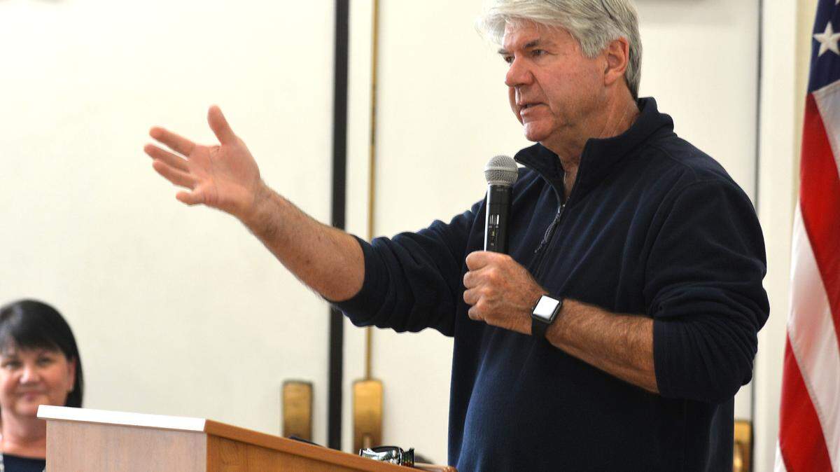 Mayor Mike Villalta speaks during the veterans celebration held at Our Lady Fatima School in Los Banos Friday, Nov. 9, 2018.