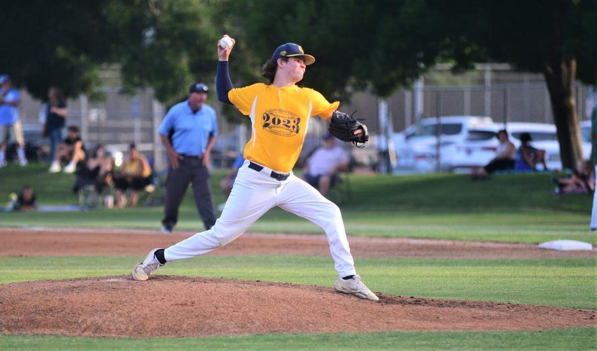 Gregori High School’s Landon Stone delivers a pitch for the Stanislaus County All-Stars during the County Clash All-Star Game at Merced College on Saturday, June 17, 2023.