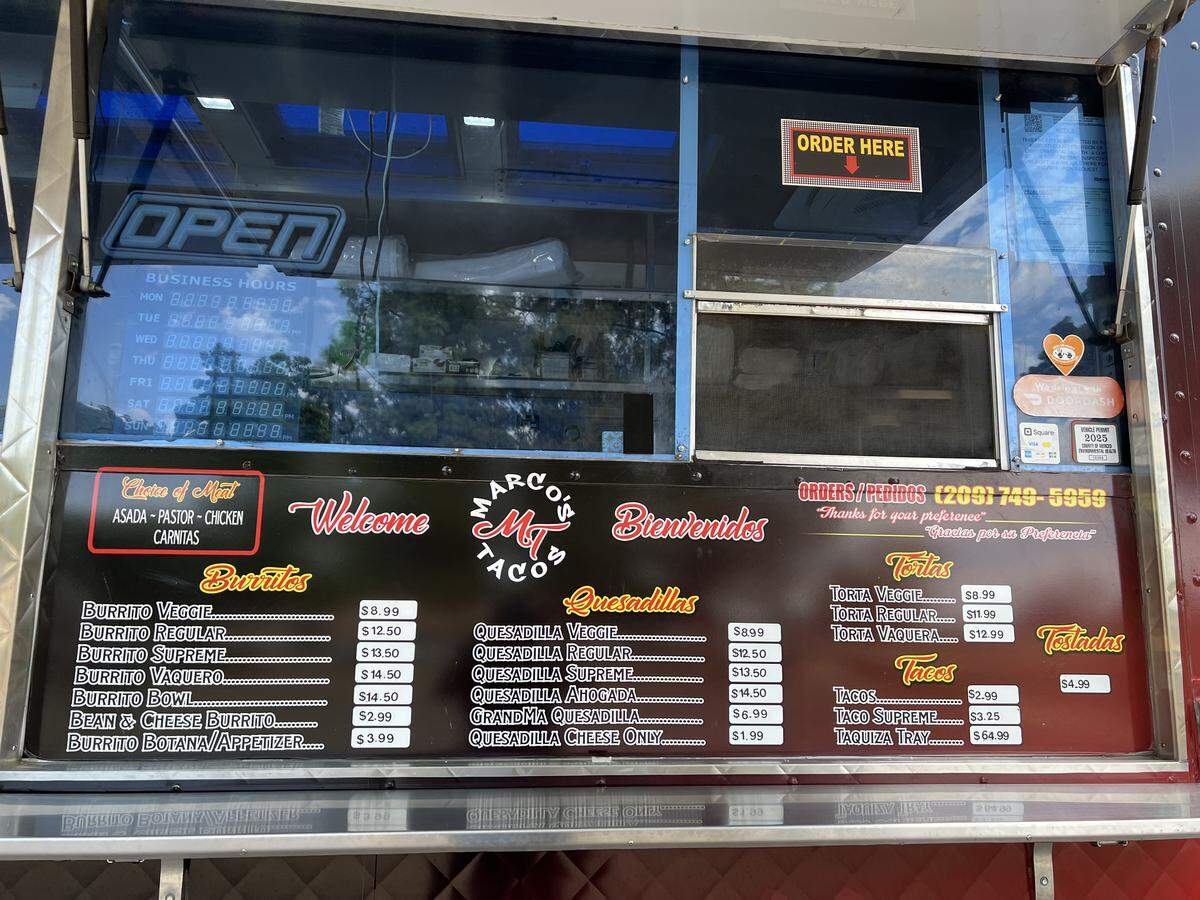 The taco truck’s menu features burritos, quesadillas, tortas, tacos and tostadas, all customizable with meats including asada, pastor, chicken or carnitas.