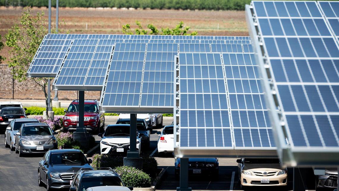 Solar panels in the parking lot of El Capitan High School in Merced, Calif., on Wednesday, April 13, 2022.