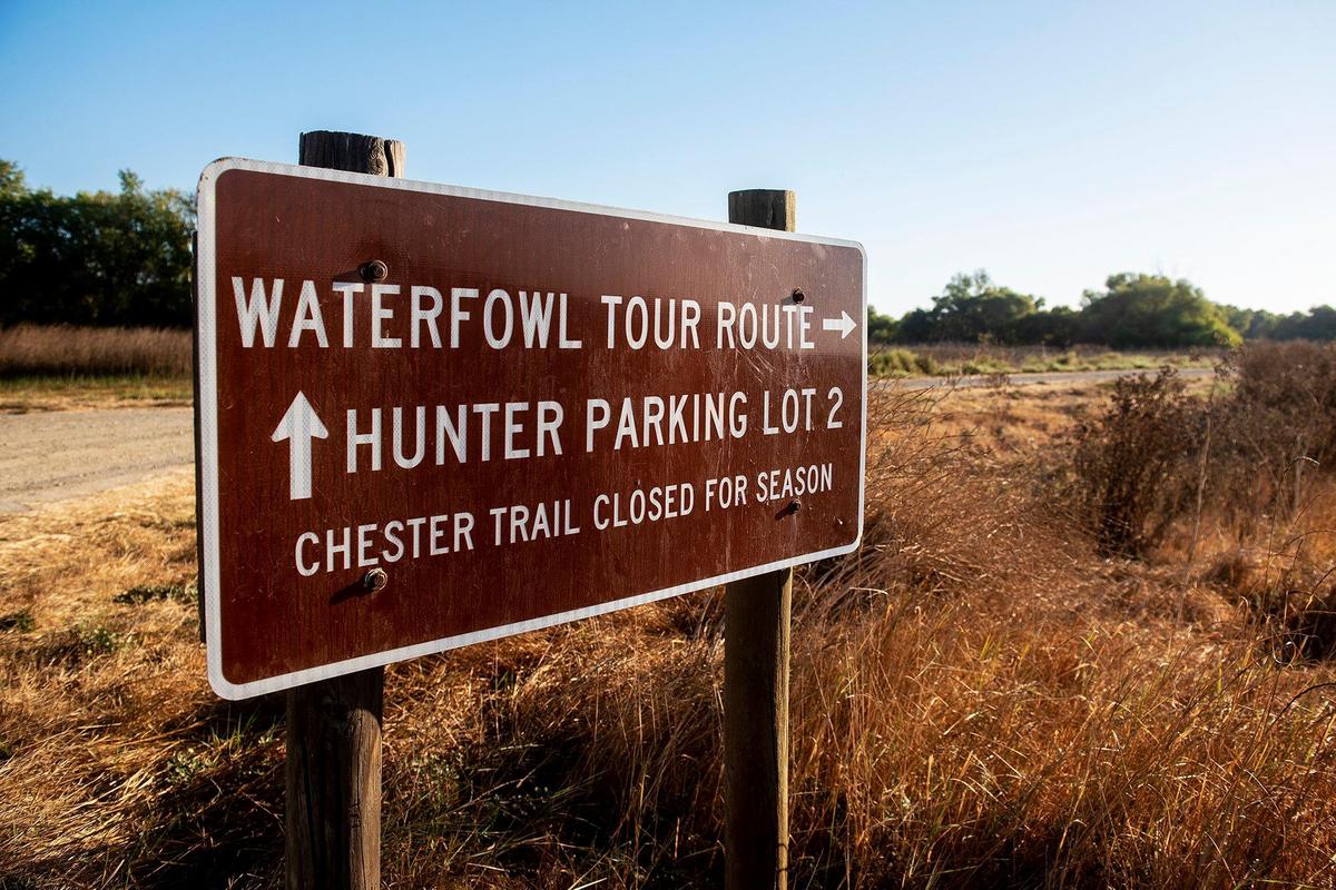 A sign directing motorists along the waterfowl tour route at the San Luis National Wildlife Refuge in Los Banos, Calif., on Sunday, Oct. 20, 2024.