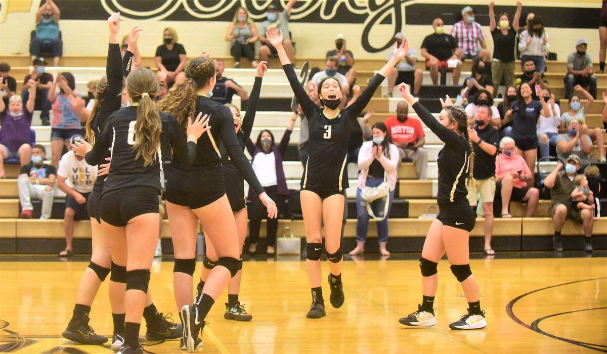 Buhach Colony senior Celina Henn (3) celebrates after the Thunder defeated El Capitan in five games on Tuesday, Sept. 21, 2021 in Atwater, Calif.