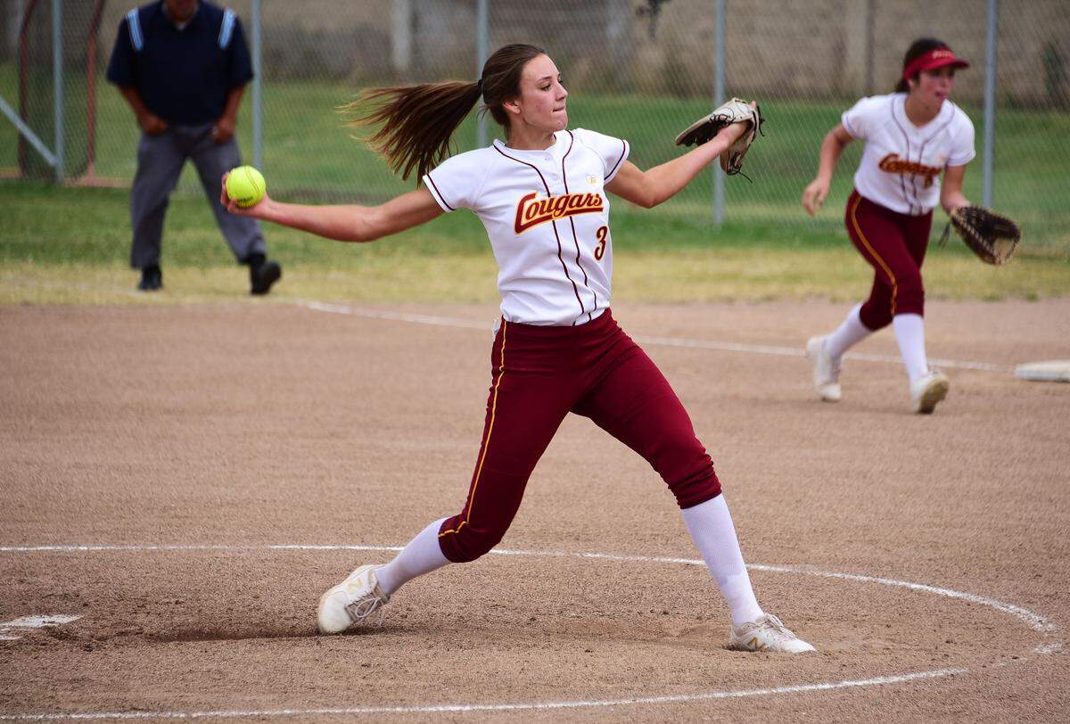 Golden Valley senior Marissa Bertuccio delivers a pitch during the Cougars’ 7-0 win over East Union on Wednesday, May 15, 2019. Bertuccio pitched a one-hit shutout.